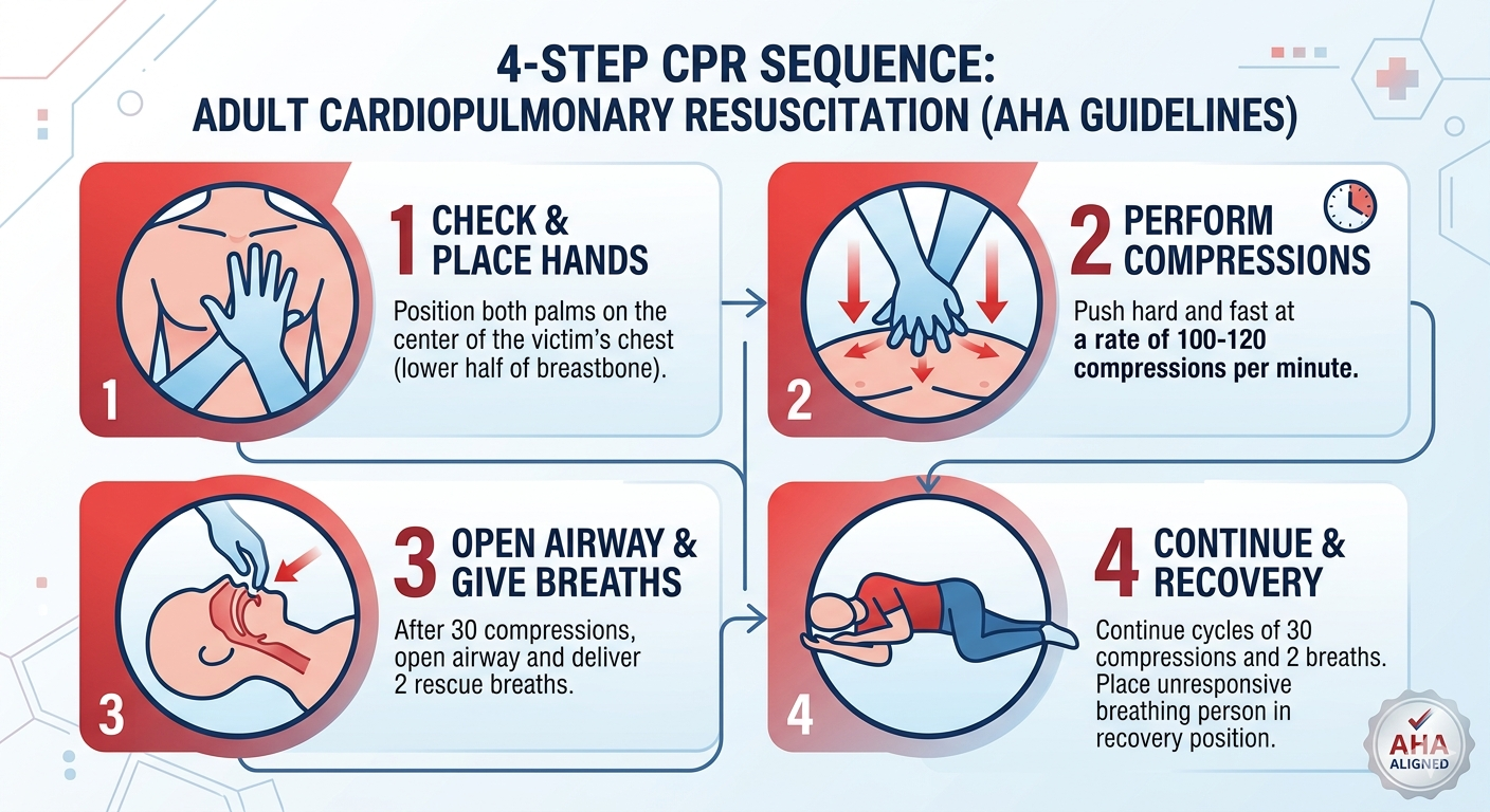 4-Step CPR Sequence: Adult Cardiopulmonary Resuscitation (AHA Guidelines) showing Check & Place Hands, Perform Compressions, Open Airway & Give Breaths, and Continue & Recovery